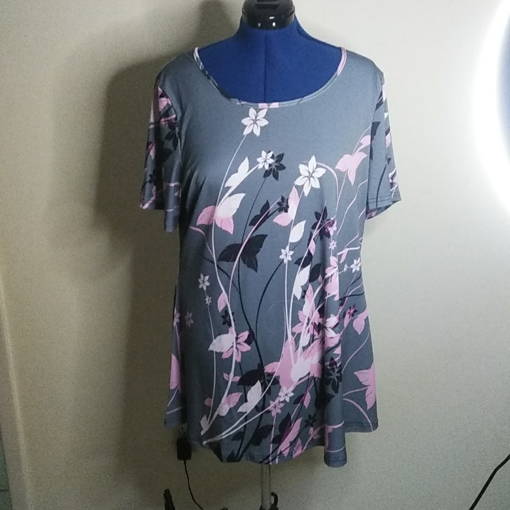 New gray with pink floral design tunic blouse.